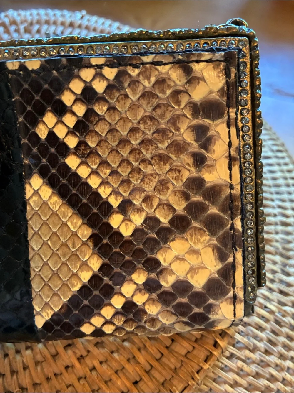 Clara Kasavina Snakeskin Crystal Pendant Ornate Clasp Clutch Evening Bag
